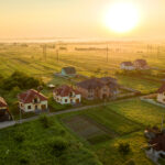 Aerial view of a rural residential area with private homes.